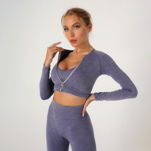 Custom double zipper sports running workout gym crop tops women long sleeve fitness yoga top