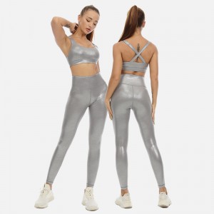 Yoga set | Women liquid fitness sets silver yoga cross back sports bra workout gym leggings set