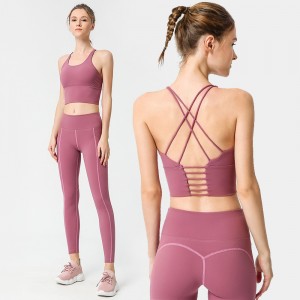 Custom Womens Fitness Workout Set Cross Strape Sports Bra Pockets Leggings Nude Yoga Sets