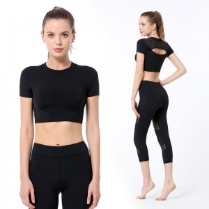Custom short sleeve crop top 2 piece mesh leggings sets high quality women active wear yoga set