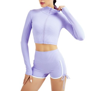 Custom activewear zip sports top side drawstring gym shorts sets fitness long sleeve short yoga set