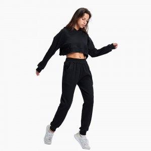 Custom women loose hoodies sweatsuit fitness wear set design your own cropped plain tracksuit