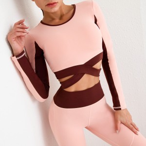 Custom women sports cross sexy long sleeve contrast color patchwork gym workout fitted yoga crop top