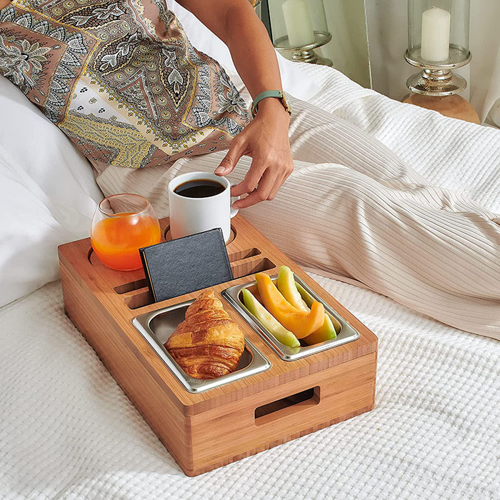 Firotanê Bamboo Wood Couch Snack Caddy Tray Supplier and
