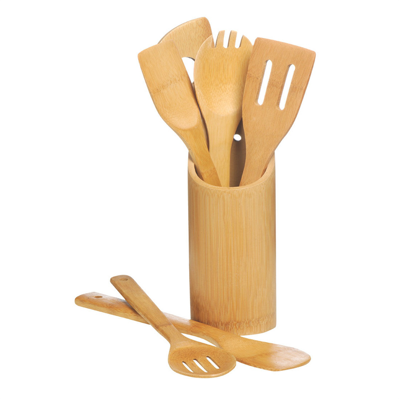 Set de utensilios de cociña de madeira de bambú de 6 unidades con soporte Imaxe destacada