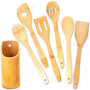 Set di utensili da cucina in legnu di bambù 6 pezzi cù supportu