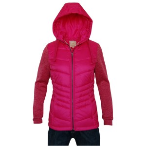 Women outdoor zip up melange sleeve windbreaker hoodies na may leather logo hybrid jacket