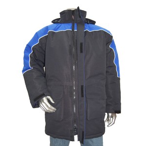 Mens heavy striped waterproof taped-seams elastic cuff padded long coat with concealed hood reflective trim