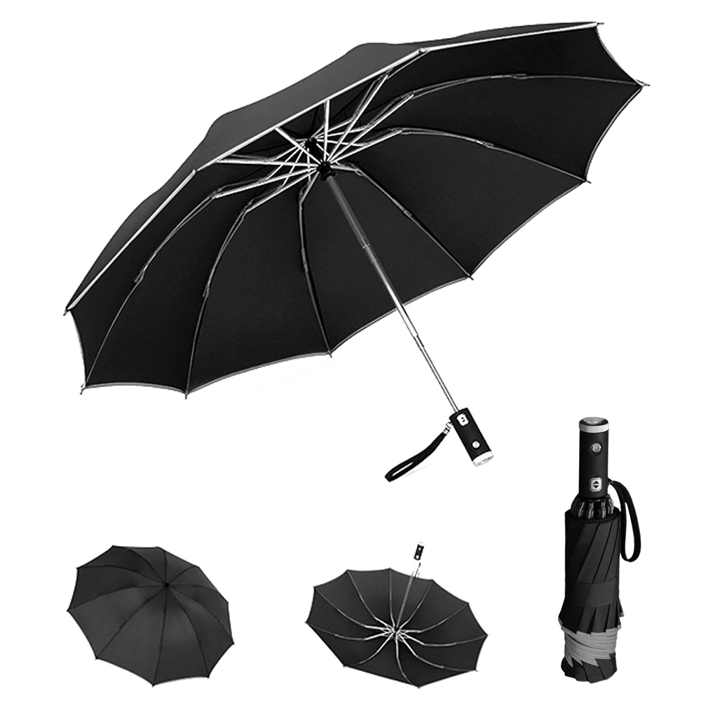 Ovida Bëlleg Präis 8k Windproof Sécherheetsreflektiv Led Regenschirm 3 Klappt Automatesch Smart Fackel Reverse Umbrella