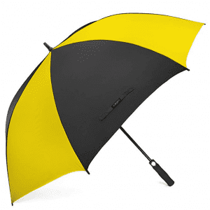 Ovida itin didelis automatinis atviras juodas ir geltonas vėjui atsparus golfo skėtis