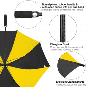مظلة جولف أوتوماتيكية كبيرة للغاية من Ovida مفتوحة باللونين الأسود والأصفر مقاومة للرياح