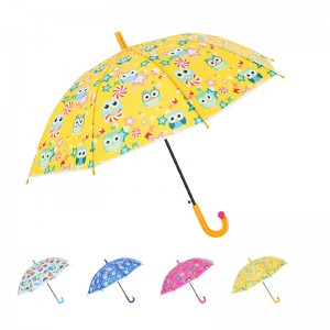 Ovida Auto Open Stick Kids skėtis su geltono plastiko audinio lenkta rankena su maža rausva nosimi.
