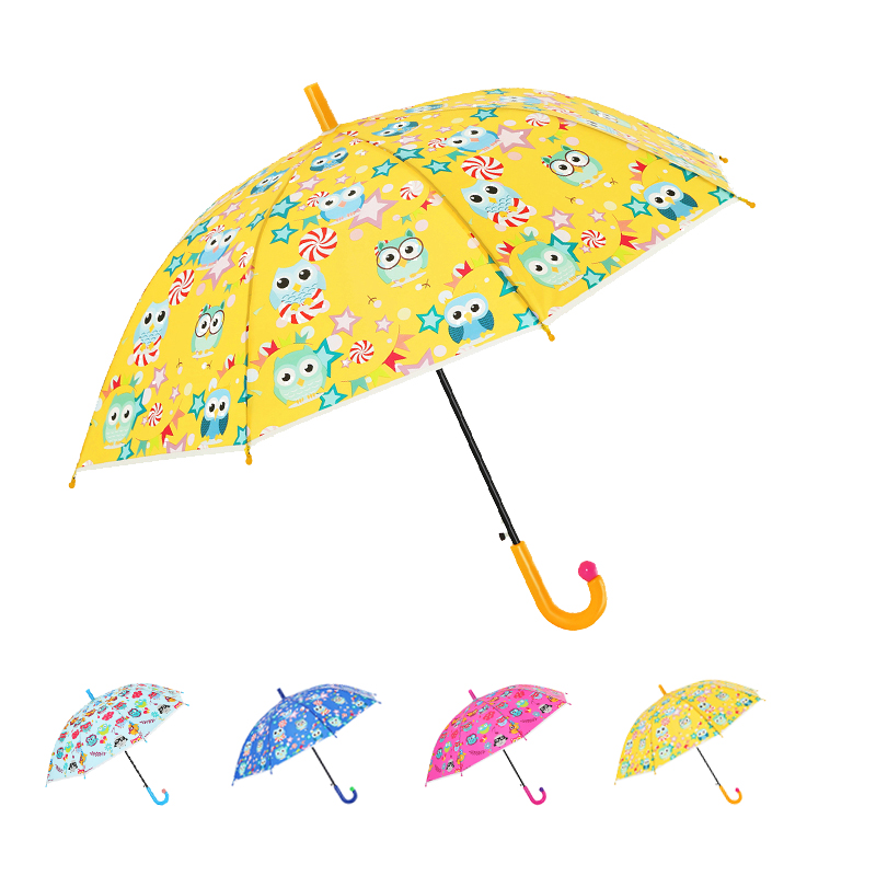 Ovida Auto Open Stick Kids skėtis su geltono plastiko audinio lenkta rankena su maža rausva nosimi.