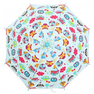 Ovida új dizájnú gyermek esernyő J alakú fogantyúval Aranyos papagájnyomtatással illő színű fogantyú Egyenes POE esernyő gyerekeknek