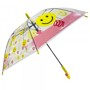 Ovida ຮ້ອນຂາຍອັດຕະໂນມັດເປີດ Umbrella ຮອຍຍິ້ມໃບຫນ້າຫນ້າຮັກຮູບແບບການພິມ Plastic J ຮູບຮ່າງ Kid Umbrella