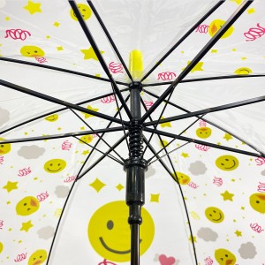 Ovida Auto Open straight paraply med gult plaststof og smilemønster Buet håndtag med små lyserøde kugler