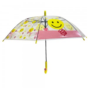 Ovida Auto Open straight Umbrella With Yellow plastic fabric and smile pattern Curved Handle na may maliliit na pink na bola