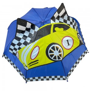 Ovida Hot sell Automatic Open Umbrella Car Pattern Cute Custom Logo Plastic J Shape Blue Kid Umbrella with Ear