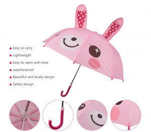 Ovida Pink Rabbit 3D Animal Kids Umbrella with Custom Logo Safe Manual Open and Close High Quality Foberglass Kids Umbrella