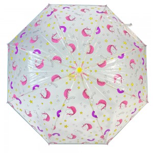 Ovida ombrellë 19 inç me dorë të hapur model Unicorn POE/PVC me printim me ngjyrë çadër transparente me dorezë plastike