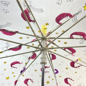 Ovida чадор 19 инчен рачен отворен шаблон еднорог POE/PVC боја проѕирен чадор со прилагодено печатење со пластична рачка