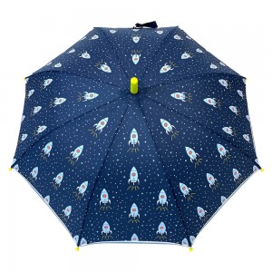 Parapluie enfant Ovida avec tissu pongé couleurs bleues de motif fusée pour sangle souple sur le bord du panneau parapluie solide