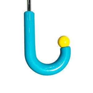 Umbrelă pentru copii Ovida cu țesătură Pongee, culori albastru deschis, cu pasaj gri, mâner în formă de J cu bile galbene logo personalizat