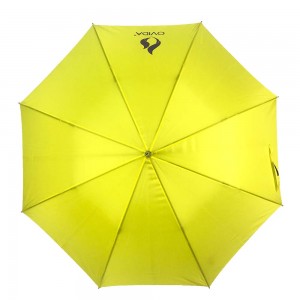 Ovida logoo presas ombrelon personecigita aluminio aŭtomata bastono flava pluvombrelo kun logoa presado