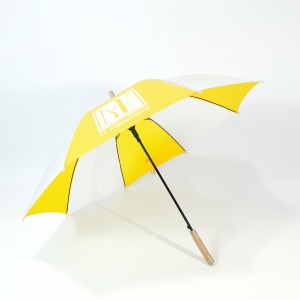 Ovida ပုံမှန် အဝါရောင်နှင့် အဖြူရောင် ရောင်စုံ သစ်သားလက်ကိုင် အော်တိုဖွင့် ပရိုမိုးရှင်း ထီး