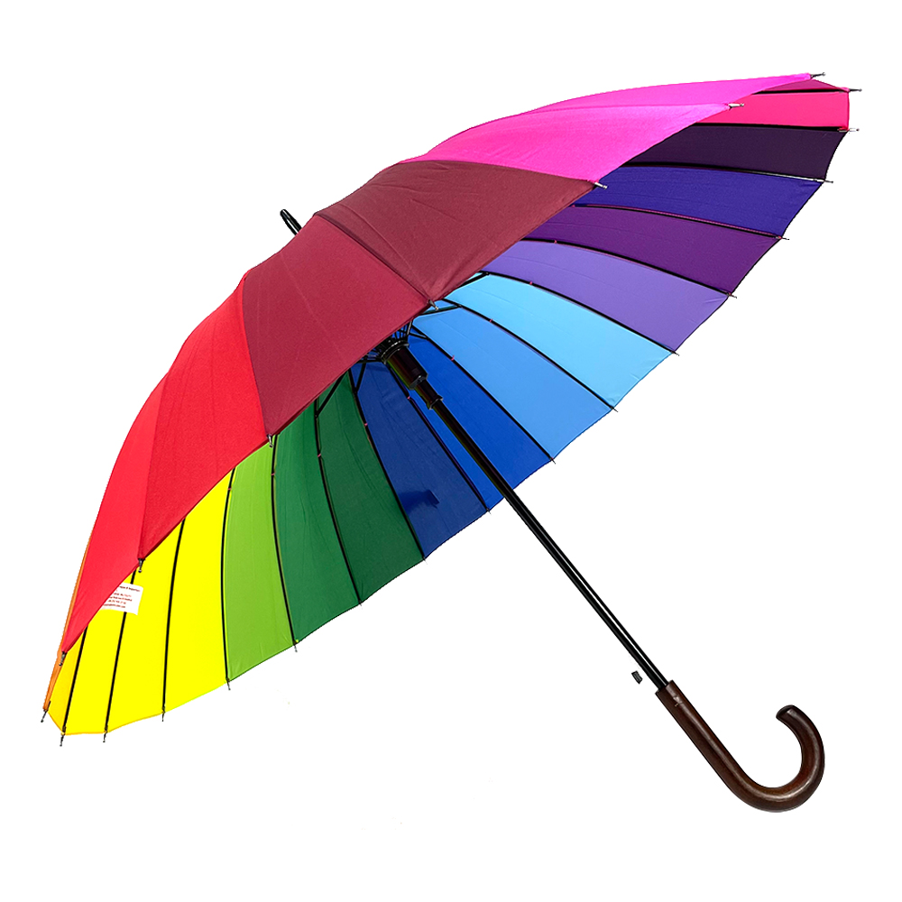 OVIDA J Vorm Houten Handvat Auto Paraplu Luxe 24 Ribben Regenboog Paraplu