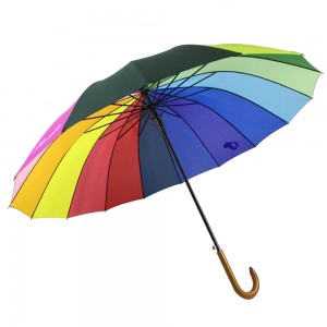Ovida 저렴한 프로모션 멀티 컬러 16 패널 긴 나무 손잡이 숙녀 여자 여자 장식 스트레이트 골프 무지개 우산