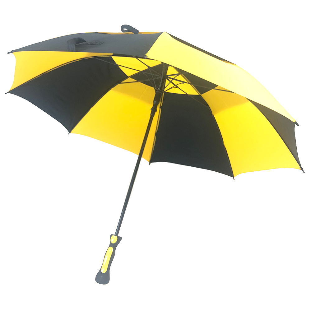 Ovida fekete splicing sárga színű, legjobb minőségű üvegszálas bordák, dupla tetős szélálló, automatikus póló esernyő logóval ajándékba
