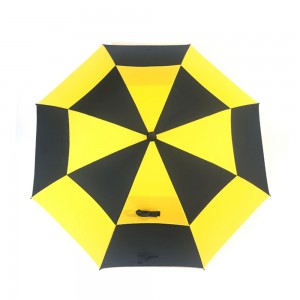 Ovida Black splicing Yellow nga kolor Labing maayo nga kalidad nga Fiberglass Ribs Double Canopy Windproof Auto Polo Umbrella nga adunay Logo para sa Regalo