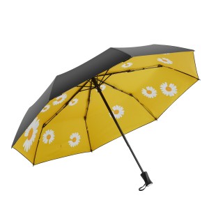 Ovida patio black UV coating with daisy flower 3 folding umbrellas safe manual open and close fashion design umbrellas hot sale