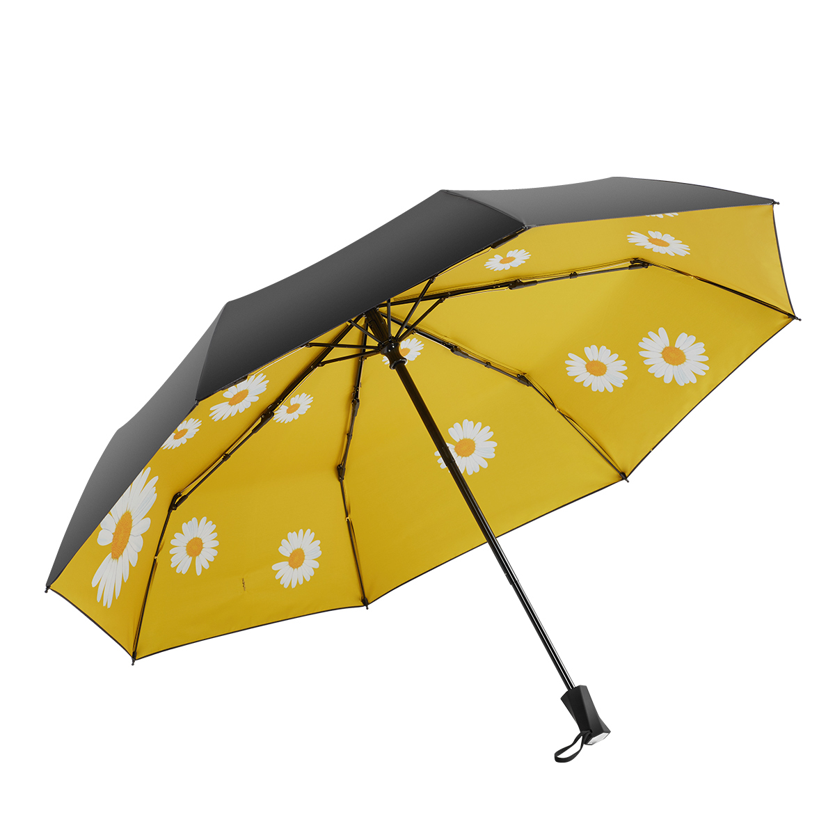 Ovida patio zwarte UV-coating met madeliefjebloem 3 opvouwbare paraplu's veilig handmatig openen en sluiten fashion design paraplu's hot sale
