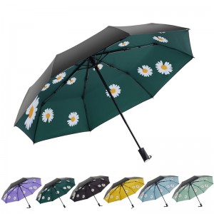 Ovida patio czarna powłoka UV z kwiatem stokrotki 3 składane parasole bezpieczne ręczne otwieranie i zamykanie modnych parasoli gorąca sprzedaż