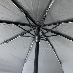 Чорна парасолька OVIDA з трьома складними ручками приймає відкриту парасольку з індивідуальним дизайном логотипу