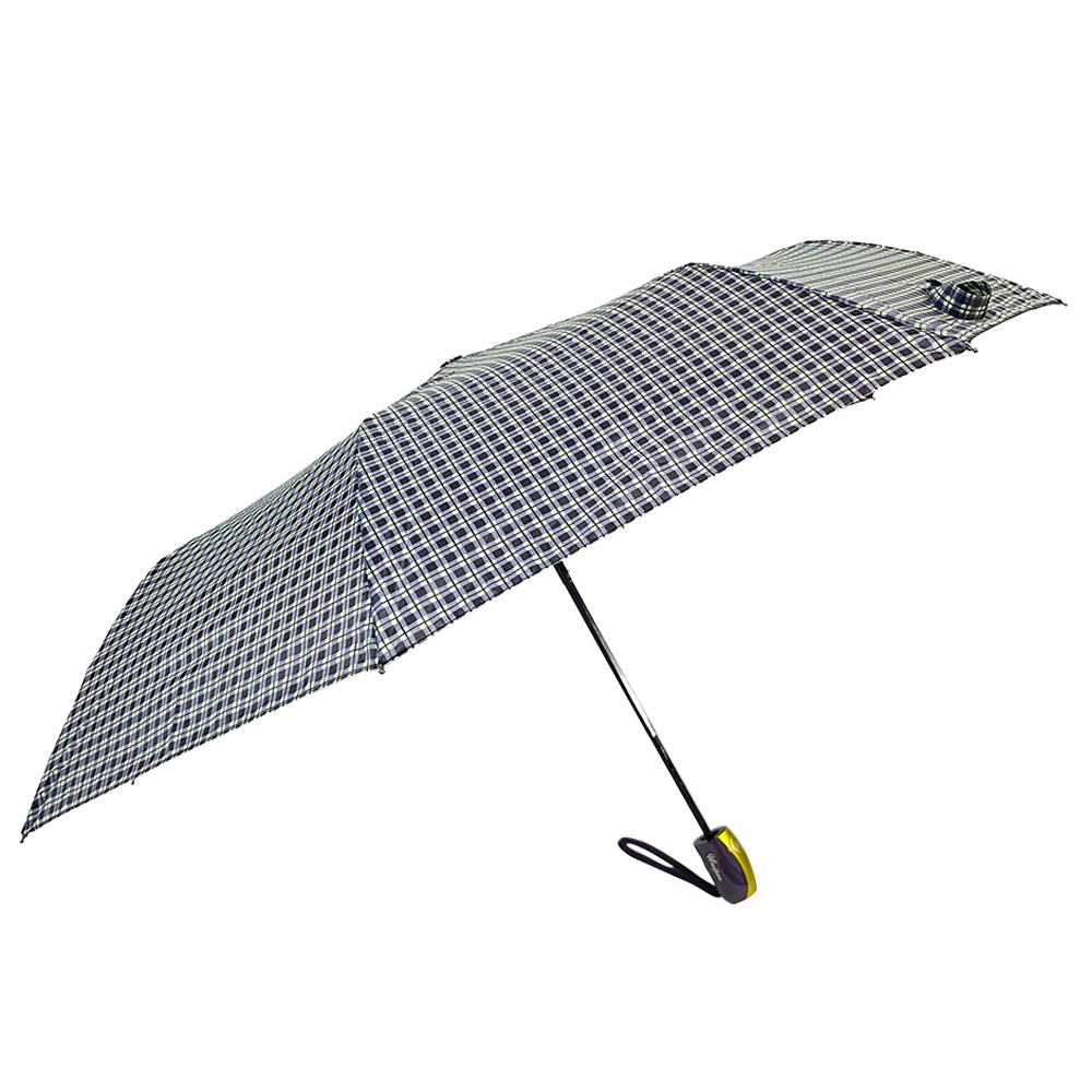 Paraguas Ovida de 21 polgadas, 8 costillas, 3 pliegues automáticos, tecido a cuadros Pongee, 3 seccións