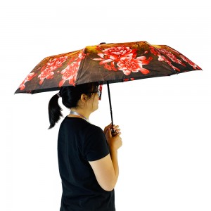 Ovida 3-kratni avtomatsko odprt dežnik, odporen na veter, javor in rože s polnim tiskom dežnik po meri