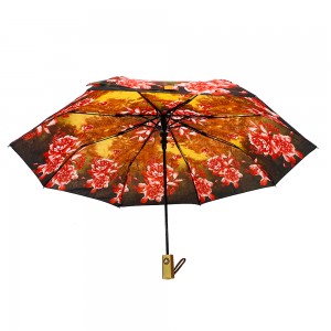 Ovida 3-voudige automatisch open winddichte paraplu esdoorn en bloem Volledig bedrukte aangepaste ontwerpparaplu