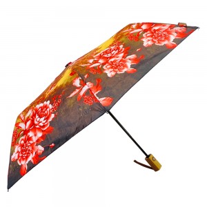 Ovida 3-kertainen automaattinen avoin tuulenpitävä sateenvarjo Vaahtera ja kukka Full print Custom Design Sateenvarjo