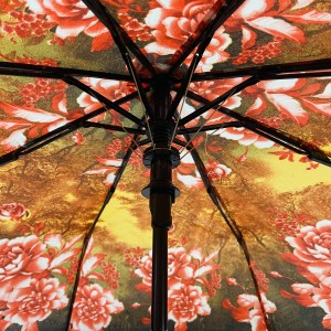 Ovida 3-fold automatisk åpen vindtett paraply, lønn og blomst Full print Custom Design Paraply