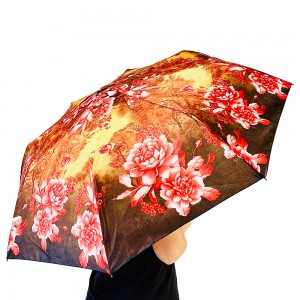 Ovida 3-fhillte fèin-ghluasadach fosgailte fosgailte dìon-gaoithe Umbrella Maple agus flùr Làn-chlò-bhualadh Custom Design Umbrella