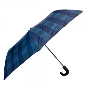 Ovida 3 fold Auto open Bend J håndtag Business vindtæt paraply med Check design stof