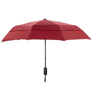 Ovida Tre fold Autoåbn Automatisk lukning Vindtæt Dobbelt Canopy Vinrød Business Paraply