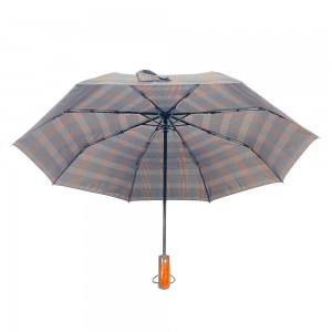 Ovida Three folding Automatic open Windproof Check fabric ໄມ້ handle umbrella ທຸລະກິດ