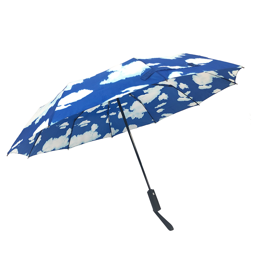 Ovida tilpasset kinesisk leverandør himmelblå tre foldeparaply til vindtæt reklameparaply med tydelige logoprint