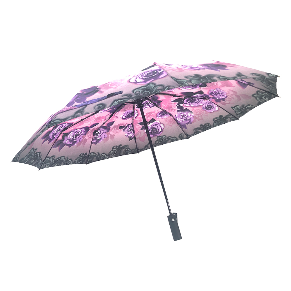 Ovida kolmeen taittuva sateenvarjo violetilla ruusulogolla sateenvarjo mustalla turvapesällä naiselle automaattisesti avautuva Sateenvarjot aikuisille