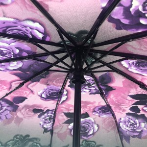 Ovida ombrellë me tre palosje me logo trëndafili vjollcë ombrellë me fole të zezë të sigurt për zonja Cadra të hapura automatike për të rritur