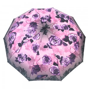 Ovida ombrellë me tre palosje me logo trëndafili vjollcë ombrellë me fole të zezë të sigurt për zonja Cadra të hapura automatike për të rritur